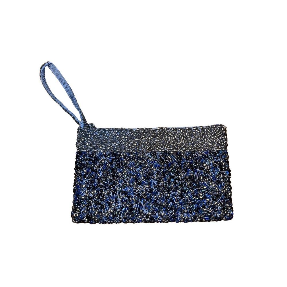 Vintage Blue Beaded Sequin Evening Wristlet Clutch Zip Closure Bags Purse